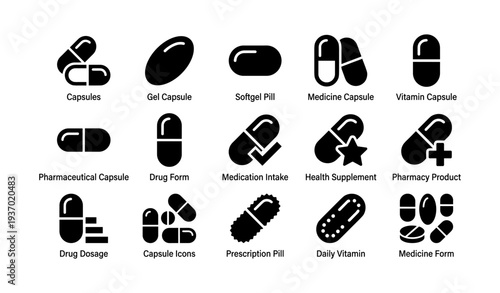 Assorted capsule and pill icon set displaying various medicine forms and health supplements