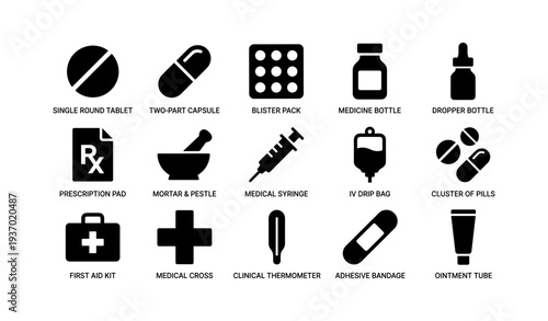 Medical icons set: tablet, capsule, syringe, medicine, first aid kit, cross