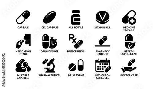 Pharmaceutical icons set: capsules, bottles, dosage, and healthcare symbols