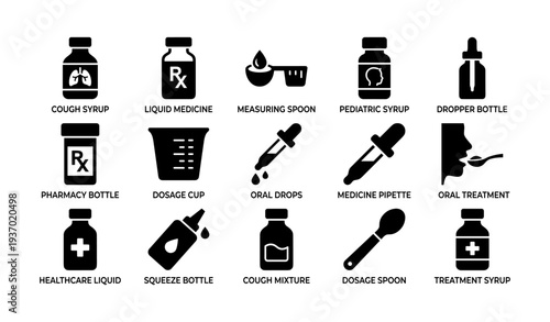 Medical liquid symbols: cough syrup, medicine pipette, dosage cup, measuring spoon icons
