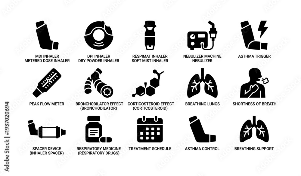 Obraz premium Asthma management and treatment icons: inhalers, nebulizer, breathing techniques