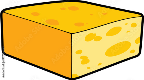A simple, cartoon illustration of a cube of cheddar, featuring holes and a black outline
