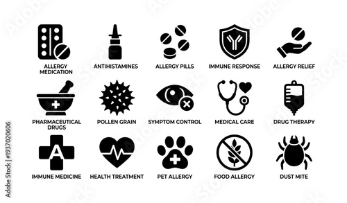 Allergy treatment icons: medication, antihistamines, immune response, symptom control, health care