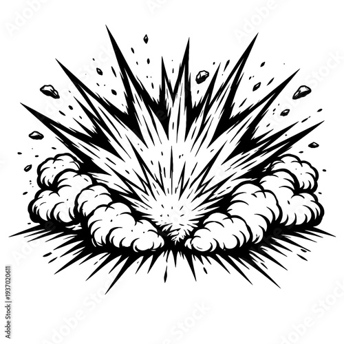 Dynamic Black and White Comic Book Explosion Vector Illustration with Bursting Energy, Flying Debris, and Rolling Smoke Clouds, Perfect for Action Scenes, Game Design, Graphic Novels, and Powerful Imp