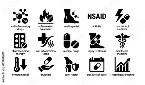 Nsaid icons: swelling relief, pain control, dosage schedule, healthcare medicine