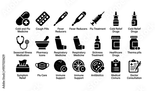 Medical icons for cold, cough, and flu featuring treatment and relief symbols
