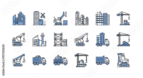 A set of simple blue and white line icons depicting various aspects of the construction industry, featuring buildings, cranes, excavators, and dump trucks.