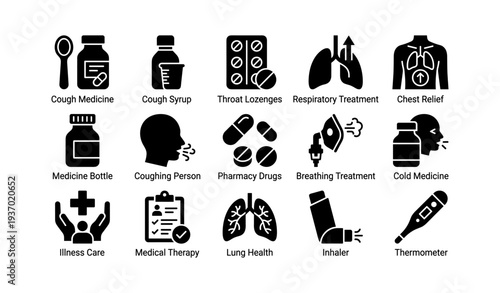 Healthcare icons: cough medicine, throat lozenges, respiratory treatment, chest relief, inhaler