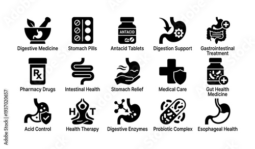 Digestive health icons set featuring medicine, antacid, enzymes, and probiotic complex