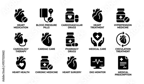 Medical icon set illustrating heart health and cardiovascular treatments
