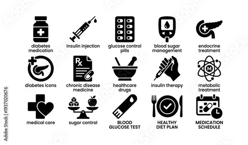 Diabetes management icons: medication, insulin, glucose monitoring, healthcare tools