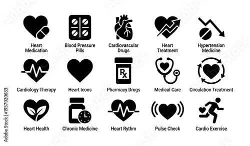 Cardiology symbols: heart health, treatment, and medical care icons collection