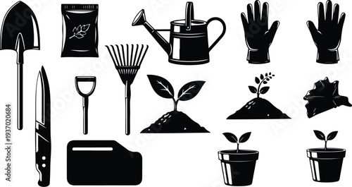 Gardening tools and equipment for planting and growth care