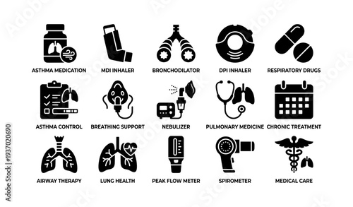 Respiratory health icons: inhaler, medication, nebulizer, spirometer, pulmonary therapy