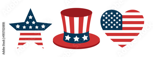 USA patriotic symbols with American flag balloon, star hat and heart for national celebration design, Fourth of July decoration icons, patriotic American holiday elements isolated 