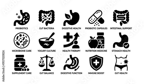 Digestive health icons featuring probiotics and microbiome care