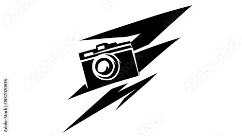 A black and white graphic featuring a camera icon overlayed by stylized lightning bolts