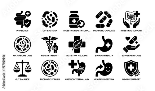 Icons representing probiotics and digestive health solutions