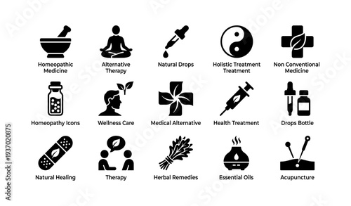 Alternative medicine icons: therapy, healing, holistic, natural remedies