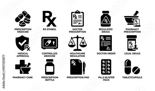 Healthcare regulation and prescription medicine icons set
