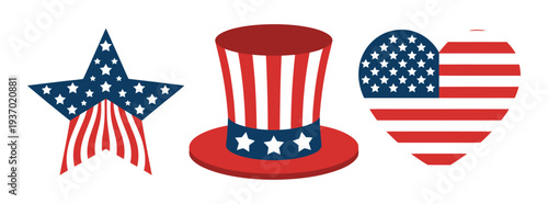 USA patriotic symbols with American flag balloon, star hat and heart for national celebration design, patriotic holiday illustration pack for Independence Day, red white and blue