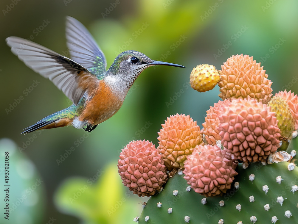Obraz premium Hummingbird bird cactus flower nature nectar flight wildlife garden colorful Hummingbird bird near cactus flower nature feeding nectar during flight, wildlife scene with colorful detail and soft