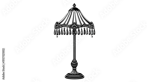 A black and white illustration of a vintage standing lamp with a decorative lampshade and tassels
