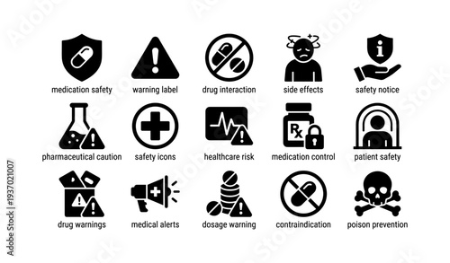 Medication safety and health icons: warning labels and drug interaction symbols