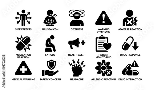 Medical warning icons: side effects, dizziness, health alerts, and safety concerns