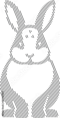 Rabbit Minimal Black Line Illustration with Striped Texture White Background, Cute Rabbit Line Art Striped Pattern Animal Illustration