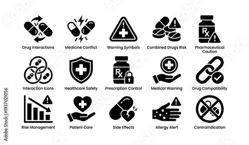 Medical warning icons: drug interaction, healthcare safety, prescription control, side effects, risk management