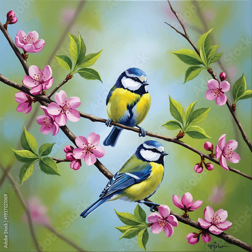 Blue Tits Perched on Pink Cherry Blossom Branch