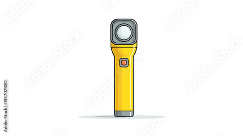 A yellow flashlight with an orange button and a gray top, placed on a white background