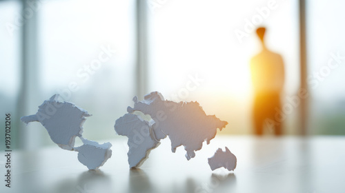 World map made of paper pieces on table with blurred person and sunlight in background creating hopeful mood