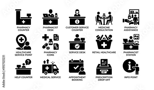Healthcare service icons including pharmacy, consultation, and medical assistance