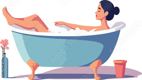 donna nella vasca da bagno in casa, relax ferie, riposo, yoga vettoriale 