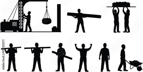Construction worker silhouettes, manual labor tasks, teamwork on site, crane lifting, beam carrying, wheelbarrow pushing, industrial workforce vector illustration, building activity artwork