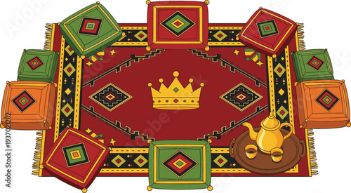 Traditional Arabic majlis seating vector illustration with colorful floor cushions a patterned red carpet golden crown and tea set isolated on white background.