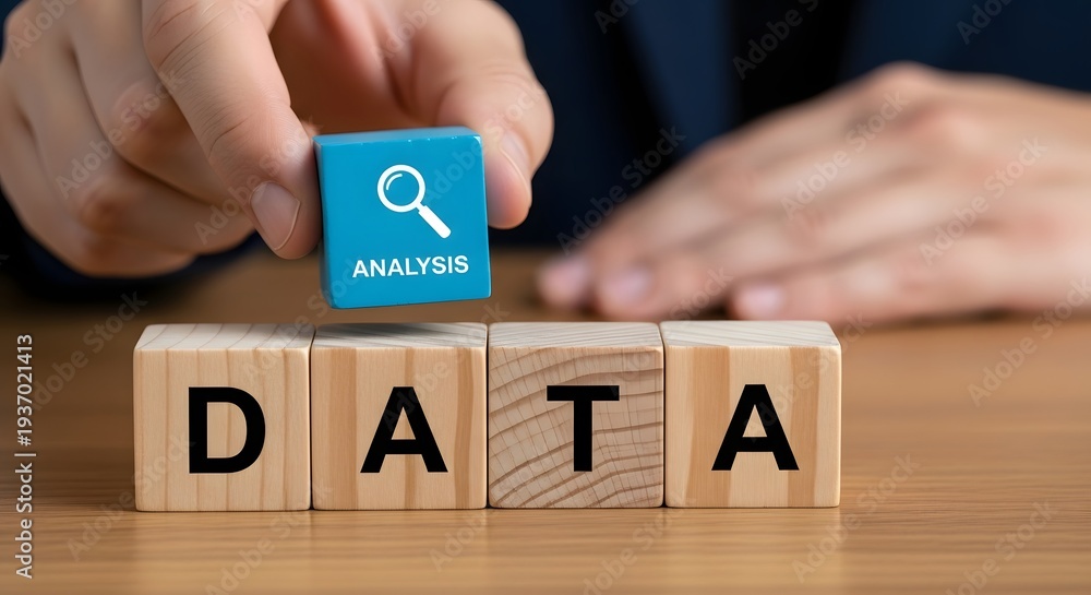 Naklejka premium A person analyzing data with a magnifying glass on a wooden block