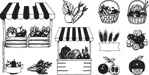 Fresh produce market stand with fruits and vegetables illustration