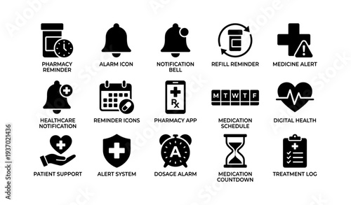 Pharmacy reminder and notification icons for medicine scheduling and alerts