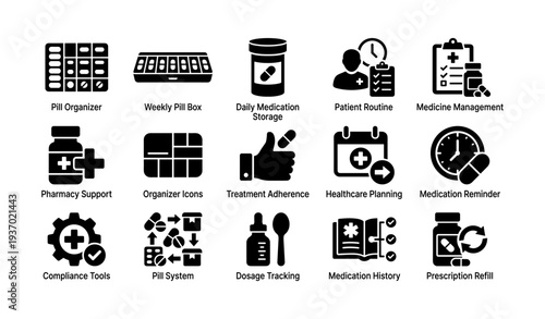 Medication management icons set for effective healthcare planning and pharmacy support