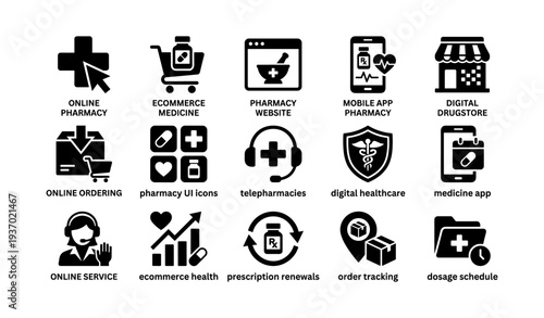 Healthcare icons: online pharmacy, medicine app, digital healthcare services