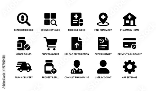 Medical app icons for pharmacy and prescription services