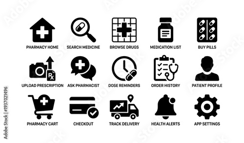 Pharmacy icons: medicine, dosage, order history, alerts, app settings