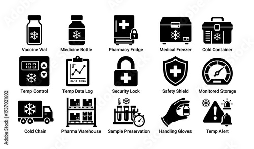 Vaccine cold chain icons: storage, safety, monitoring, medical, industry