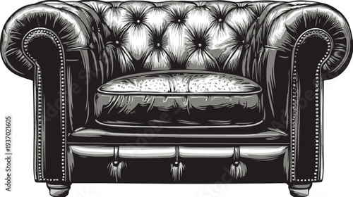 A grayscale illustration of a luxurious, tufted leather armchair with rounded arms and detailed stitching