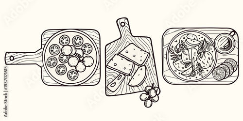 Three wooden cutting boards display various foods in a sketch style