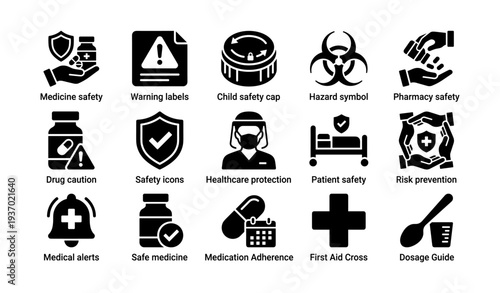 Safety and healthcare icons set: medicine, warning, hazard, pharmacy, protection
