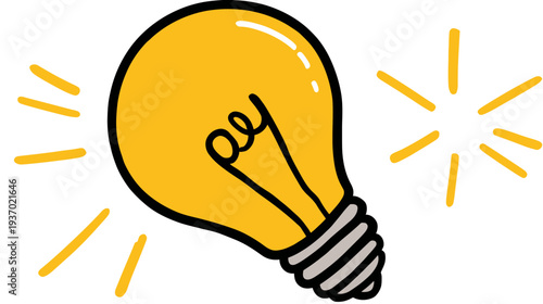 A cartoon illustration of a glowing yellow lightbulb, emitting rays, on a white backdrop